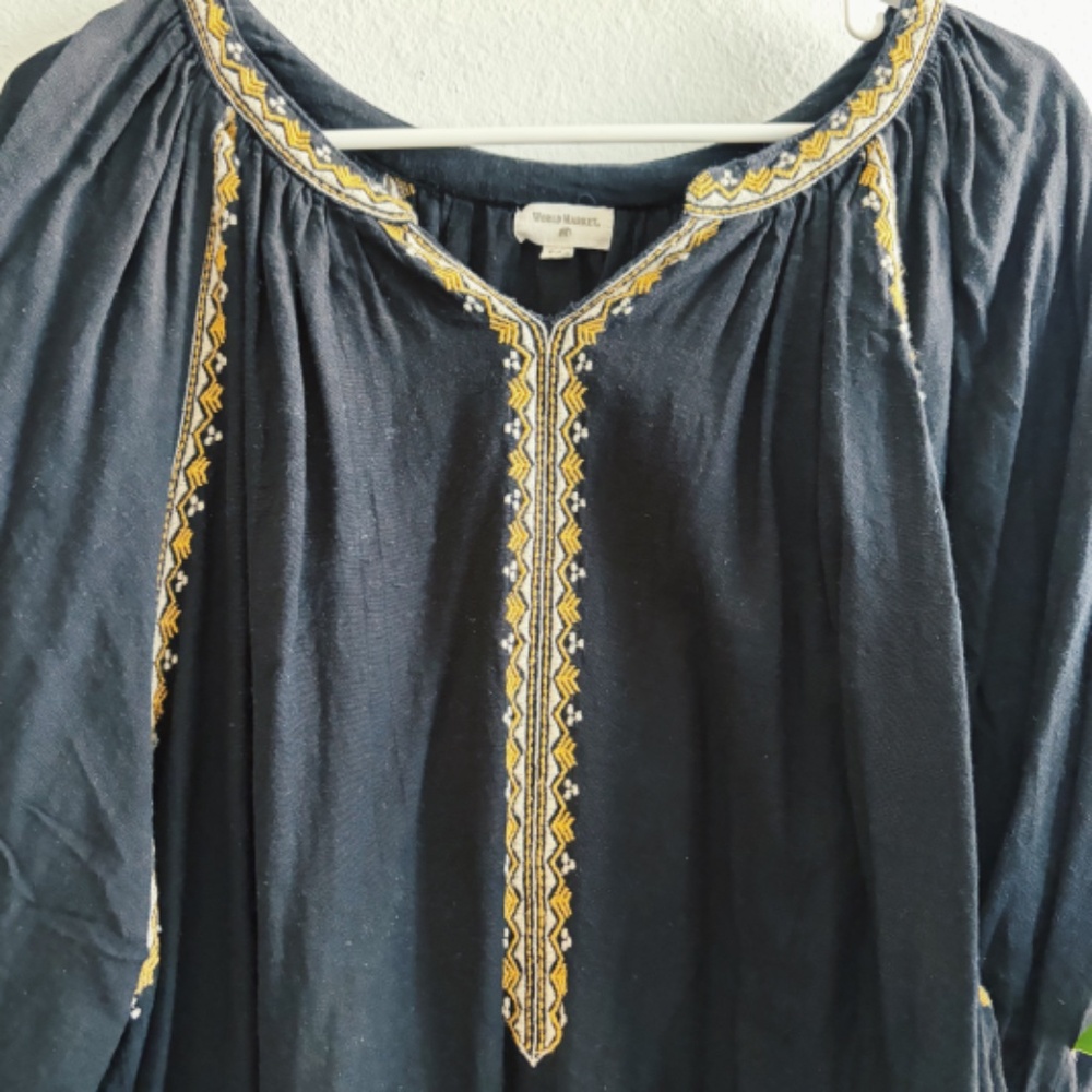 World Market Black Boho Blouse with White and Yellow Embroidery - Picture 4 of 9